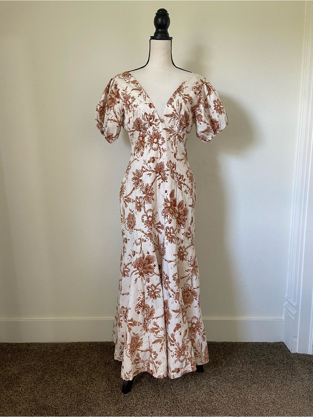 Abercrombie & Fitch Puff Sleeve Slim Poplin Cotton Midi Dress Cream Brown Floral - Picture 4 of 9